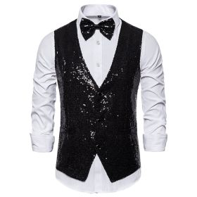Men's Sequin Vest Shiny Suit Vest V-neck Party Dress (Color: BLACK, size: S)