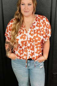 Orange Plus Size Floral Print Drawstring V Neck Short Sleeve Blouse (Color: Pattern, size: (US 18W-20W)2X)