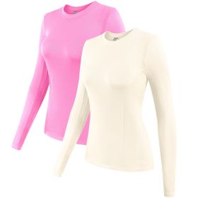 2 Pack Womens Long Sleeve Tops, Crew Neck Stretch Fitted Base Layer Tee Shirts Tops (Color: Beige+Pink, size: S)
