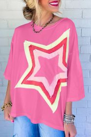 White Colorblock Star Patched Half Sleeve Oversized Tee (Color: Red, size: S)
