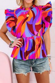 Orange Abstract Printed High Waist Ruffle Tiered Long Dress (Color: Short, size: L)