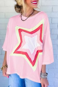 White Colorblock Star Patched Half Sleeve Oversized Tee (Color: Pink, size: XL)