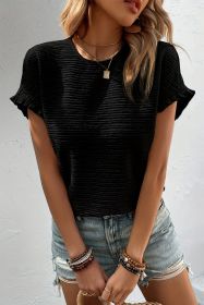 Light Pink Solid Textured Ruffled Short Sleeve Blouse (Color: BLACK, size: (US 16-18)XL)