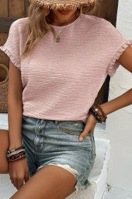 Light Pink Solid Textured Ruffled Short Sleeve Blouse (Color: Pink, size: (US 16-18)XL)