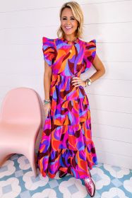 Orange Abstract Printed High Waist Ruffle Tiered Long Dress (Color: Long, size: XL)