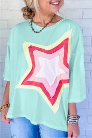 White Colorblock Star Patched Half Sleeve Oversized Tee (Color: Blue, size: XL)