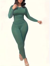 2pcs Solid Color Yoga Workout Set, Long Sleeve Round Neck Top & High Stretch Running Sports Leggings Suit, Women's Activewear (Color: Grey green, size: XL)