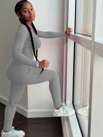 2pcs Solid Color Yoga Workout Set, Long Sleeve Round Neck Top & High Stretch Running Sports Leggings Suit, Women's Activewear (Color: White gray, size: XL)