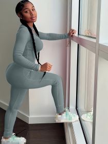 2pcs Solid Color Yoga Workout Set, Long Sleeve Round Neck Top & High Stretch Running Sports Leggings Suit, Women's Activewear (Color: grey blue, size: S)