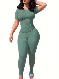 Casual Workout Sets Short Sleeve Two Piece Outfits For Women Ribbed Fitted Crew Neck T-shirt Matching Sets Streetwear (Color: green, size: L)