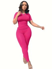 Casual Workout Sets Short Sleeve Two Piece Outfits For Women Ribbed Fitted Crew Neck T-shirt Matching Sets Streetwear (Color: Rose Red, size: XL)