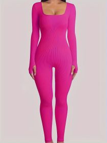 One-piece pants with square collar and slit (Color: Rose, size: L)