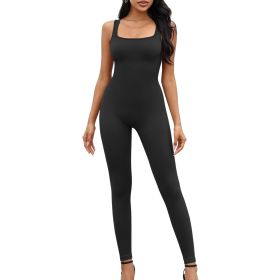 Women Yoga Romper Workout Ribbed Sleeveless Sport Stretch Jumpsuit Playsuit (Color: BLACK, size: S)