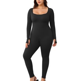 Womens Yoga Jumpsuits Workout Ribbed Long Sleeve Sport Jumpsuits (Color: BLACK, size: M)